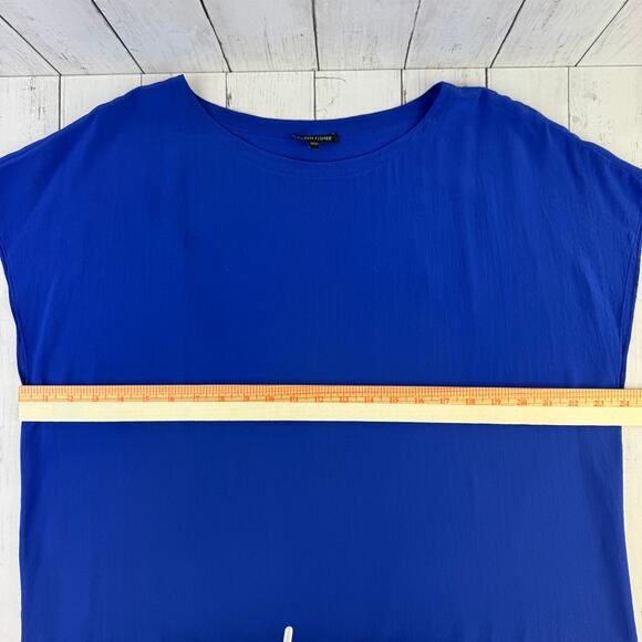 Eileen Fisher Blue Silk Georgette Washable Crepe Cap Sleeve Boxy Dress Size XS - Picture 10 of 14